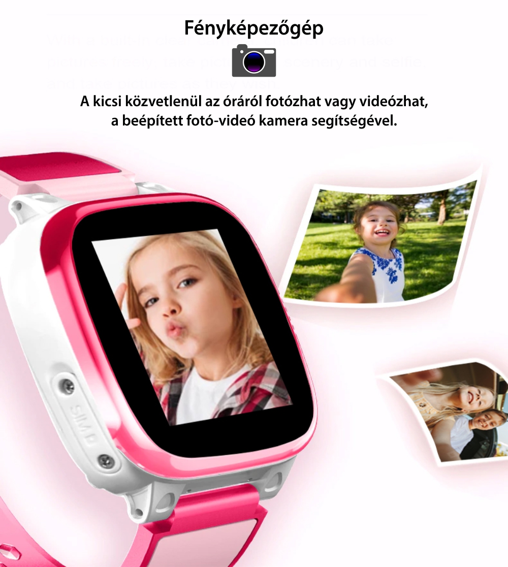 Okosóra gyerekeknek YQT Q15G Telefon funkcióval, Fényképezőgép, Galéria, Játékok, Riasztás, Stopper, Rózsaszín