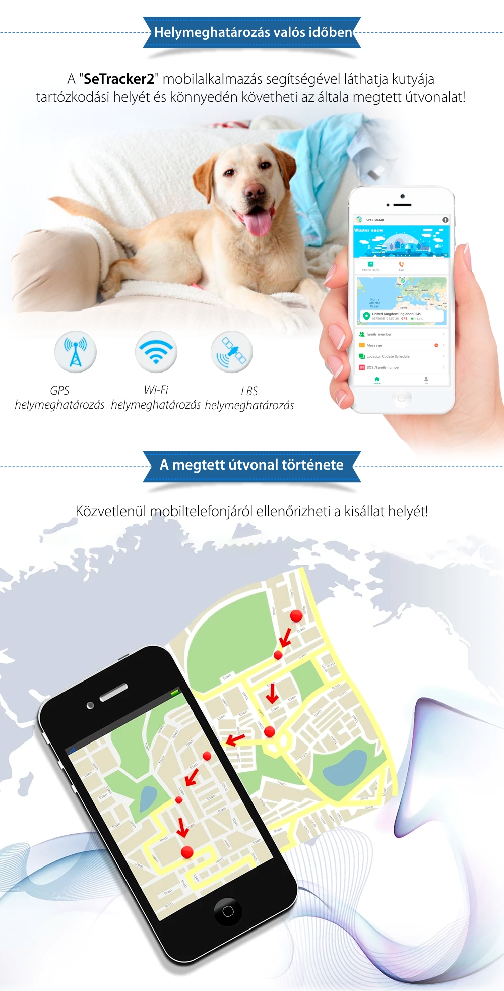 Nyomkövető GPS Nyakörv PT-02C Állatoknak, Helymeghatározás GPS, GPRS, WiFi, LBS, SIM-kártya Slot, Kék