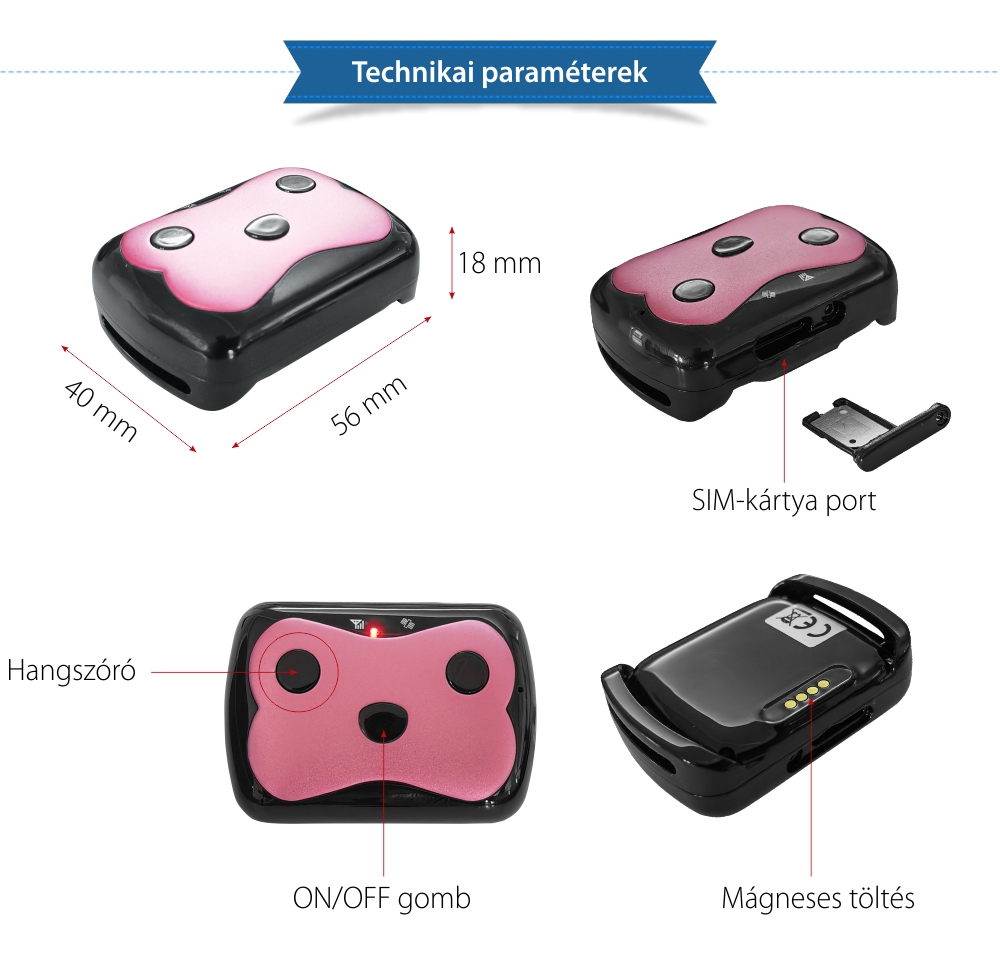 Nyomkövető GPS Nyakörv PT-02C Állatoknak, Helymeghatározás GPS, GPRS, WiFi, LBS, SIM-kártya Slot, Rózsaszín